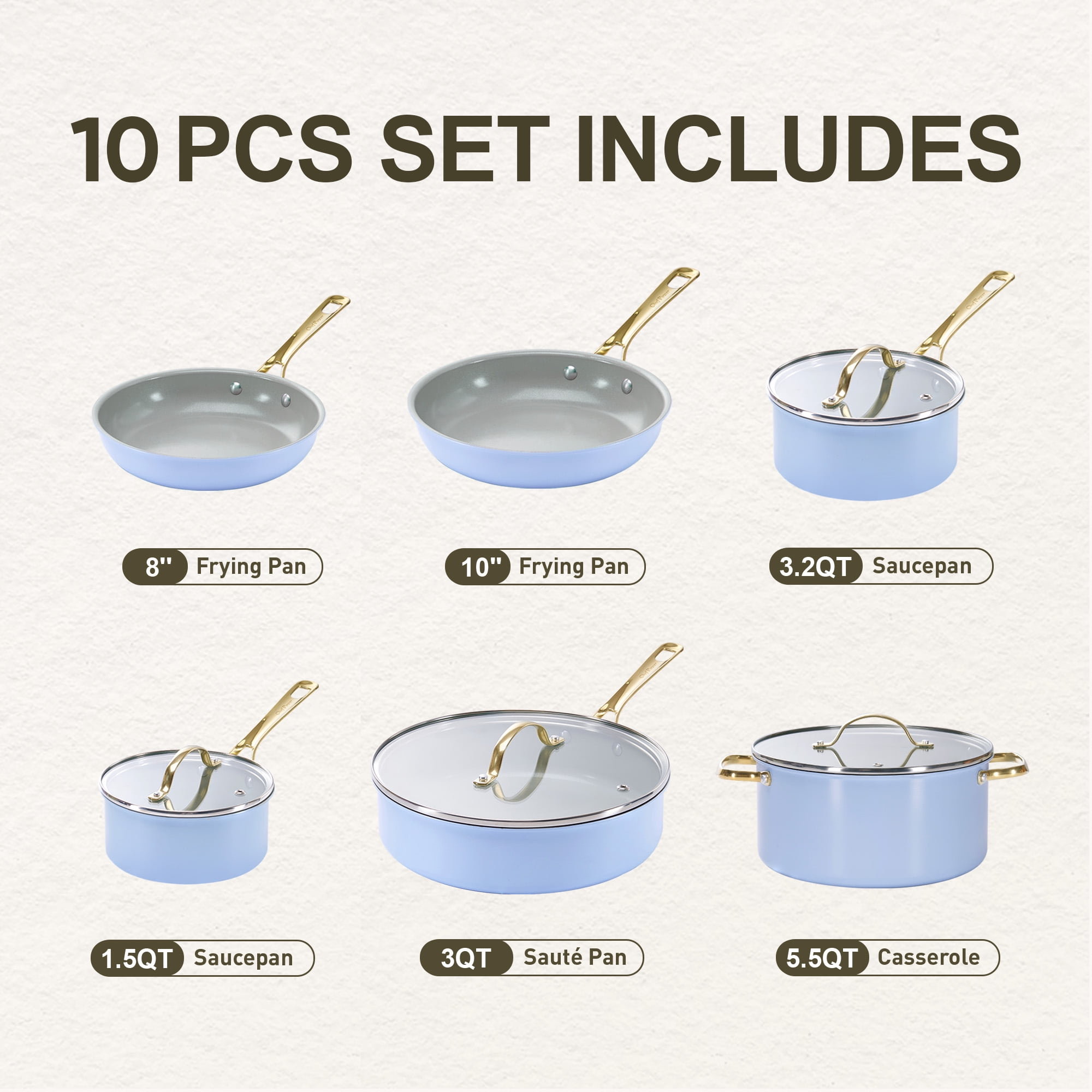 Chef Power 10 Pcs Ceramic Non Stick Cookware Sets, Pots and Pans Set with Stainless Steel Handle, Dishwasher and Oven Safe, Blue Gray with Light Gold Handle