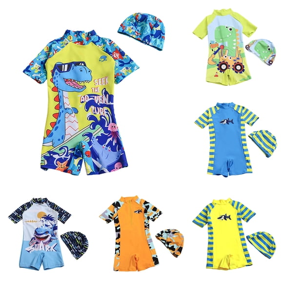 Pandaie Baby Swimsuit Boy Short Sleeve Rash Guard One Piece Surfing Bathing Suit Toddler Zipper Cute Print Swimwear with Hat 2-3 Years Blue