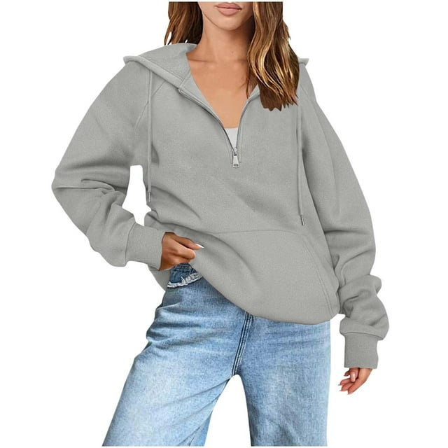 Dealovy Quarter Zip Front Hoodies for Women Solid Color Raglan Sleeve Loose Fitting Hooded Sweatshirt with Pocket