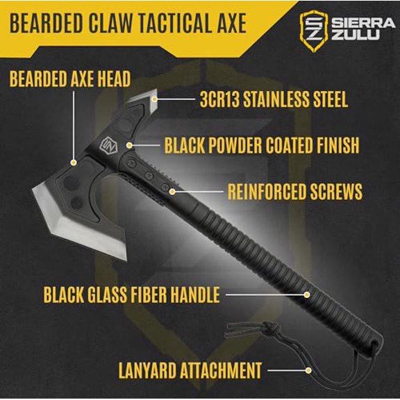 Sierra Zulu Camping Axe - Tactical Survival Hatchet with Bearded Axe Head, Nylon Sheath & Glass Fiber Handle - Full Tang Outdoor Bushcraft Tool for Camping, Hiking, and Chopping Ta