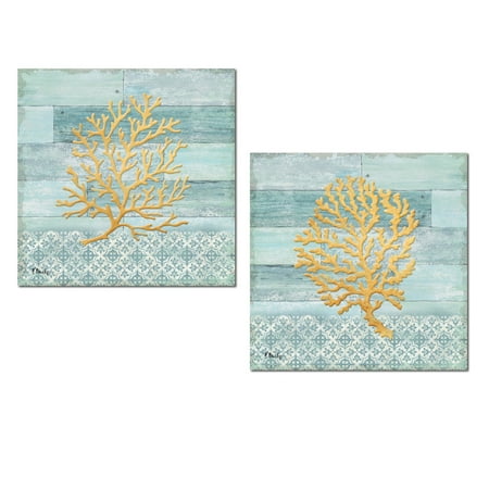 Golden Coral - Lovely Teal Blue and Gold Coastal Coral Set; Two 12x12in Paper Poster Prints (Printed on Paper, Not Wood)