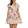 thumbnail image 1 of Vestido corto playero de verano para mujer, cruzado, con escote en V, estampado floral bohemio, con volantes y corte en A, 1 of 7