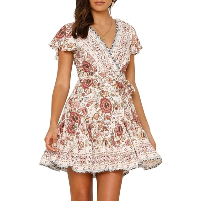 Vestido corto playero de verano para mujer, cruzado, con escote en V, estampado floral bohemio, con volantes y corte en A