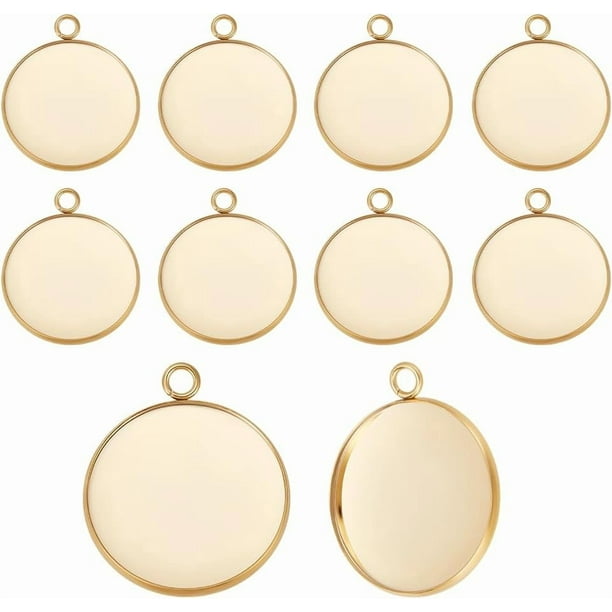 1 caja de 20 piezas de cabujón de 25 mm con bisel para colgantes, bandeja redonda en blanco de acero inoxidable 304 chapada en oro real de 24 quilates para fabricación de joyas.