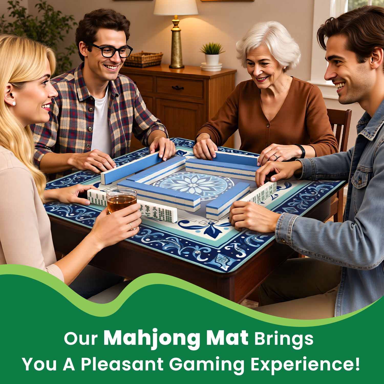 Mahjong Mat 31.5" x 31.5" Blue Floral Mandala Tile Ornamental Border Geometric Accents Non-Slip Noise Reduction American Mahjong Tiles Table Cover for Dominoes Poker Card Board Games Gift