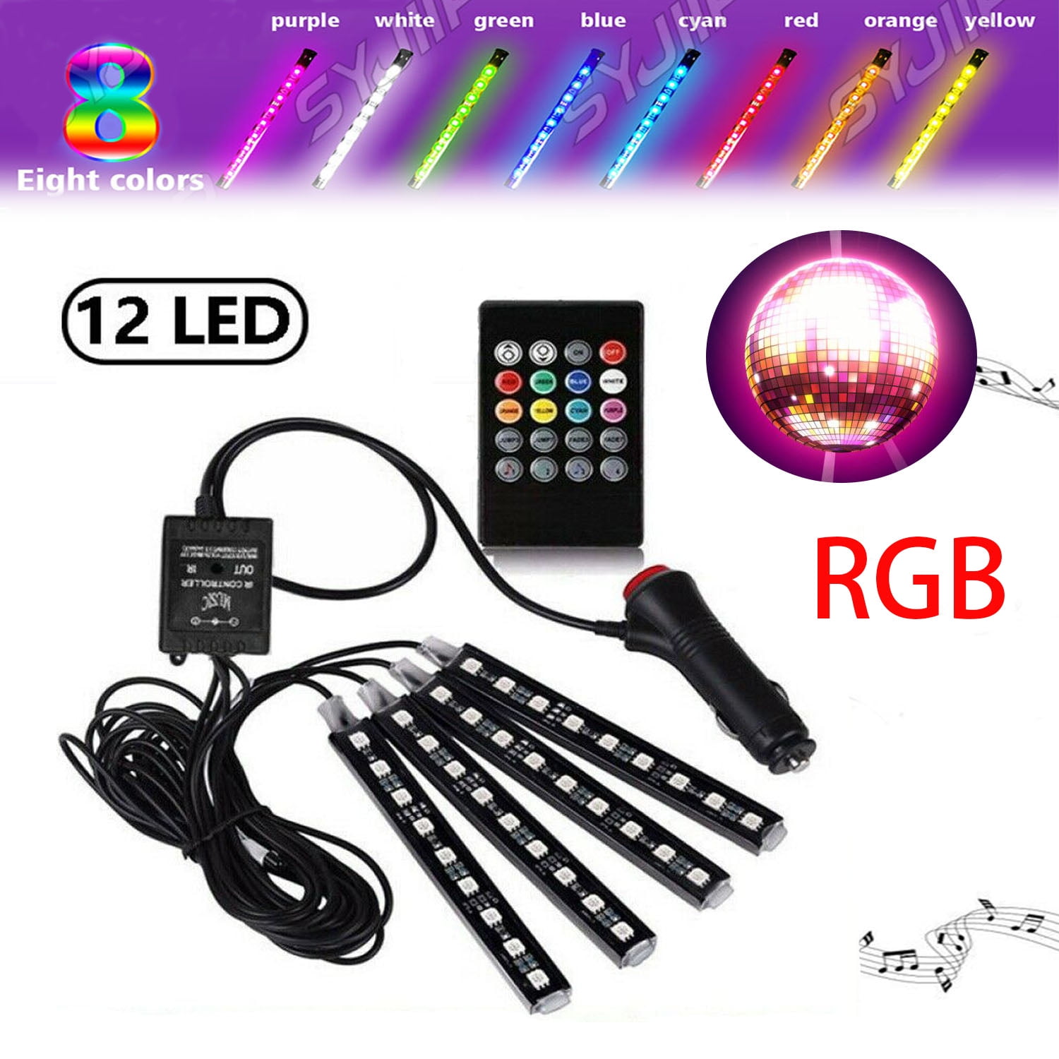 4PCS LED Car Interior Atmosphere Neon Lights Strip Music Control + IR Remote