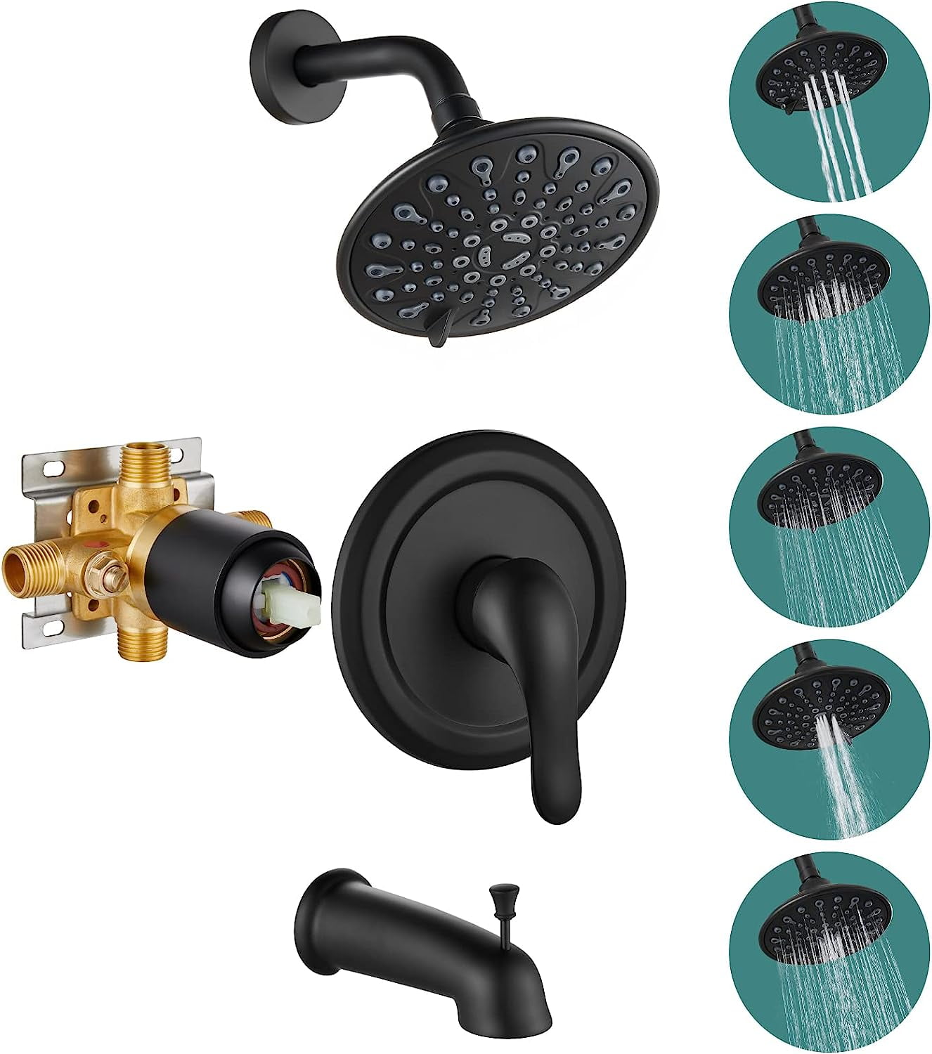 Matte Black Shower Trim Kit 6 Inch Round Shower Head Faucet System Set
