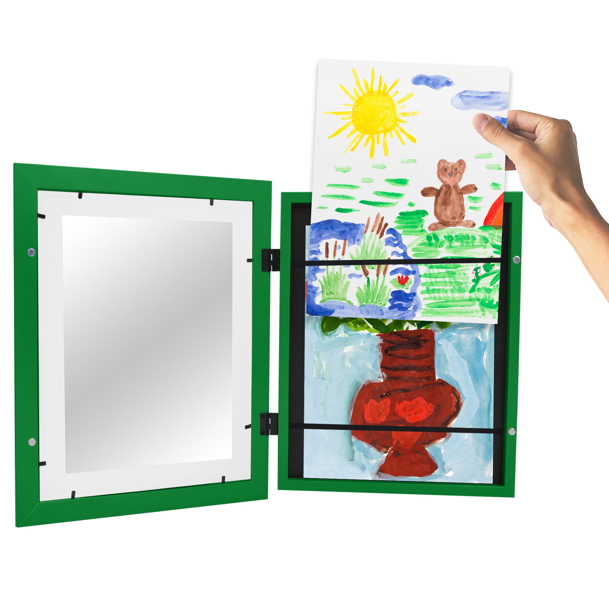Americanflat 10x12.5 Kids Art Frame with 8.5x11 Mat Holds 100 Art Pieces Shamrock Magnetic Letter Size Mini - Green