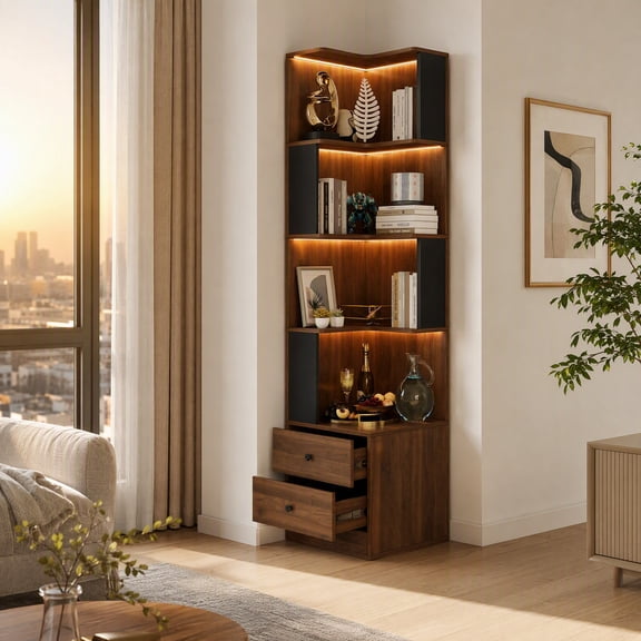 UZUGUL Walnut Corner Bookshelf, 4-Tier with Drawers, LED Lights, L-Shaped Display Shelf, for Living Room Home Office