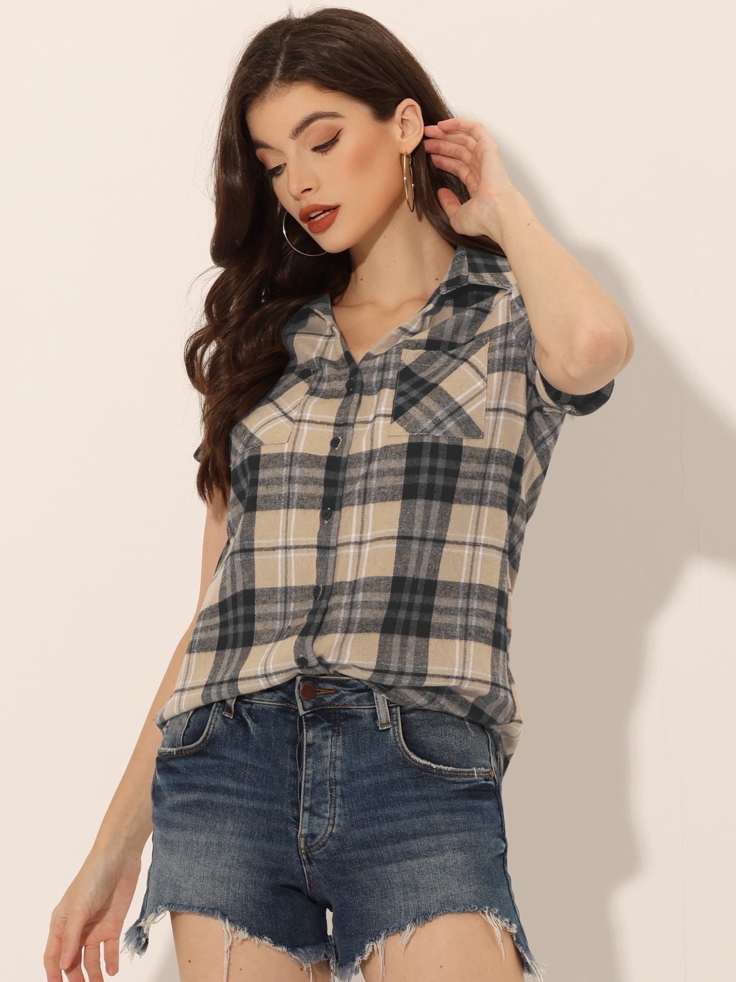 DARING DIVA Women's Casual Boyfriend Plaid Button Down Flannel Shirt S Khaki Black
