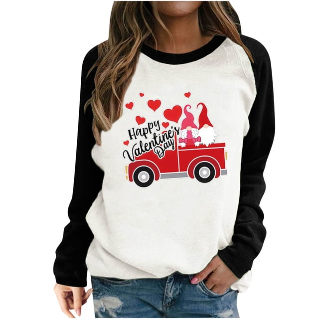 RKSTN Chandail en Molleton de la Saint-Valentin pour Femmes Mode Imprimé Lettre et Cœur Chandail en Molleton Manches Longues Col Rond Tops