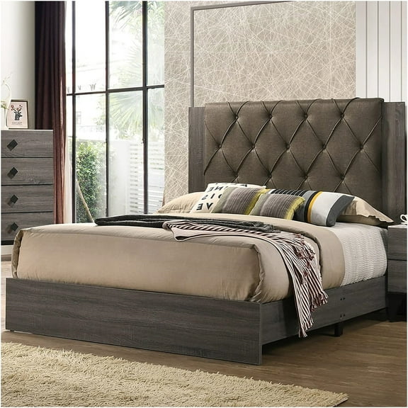 JERFIT Queen Upholstered Platform Bed Frame with Tufted Headboard, Gray Rubber Wood Modern Bedroom Furniture, No Box Spring Needed