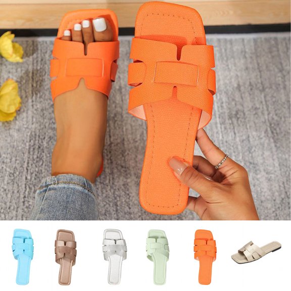 Jacenvly 2024 New Women's Rectang Toe Casual Flat Sandals Solid Color Open Toe Non Slip Shoes Outdoor Versatile Slippers Gold Sandals for Women