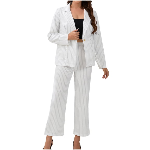 YUGYXL 2 Piece Outfits for Women Dressy Striped Blazers Suit Jackets High Waisted Straight Leg Pants Business Casual Suits White XL
