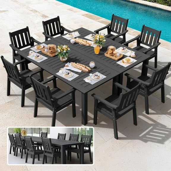 WINSOON 10-Piece HIPS All Weather Outdoor Patio Dining Sets with Umbrella Hole& Aluminum Frame,2-Table 8-Chairs(Black)