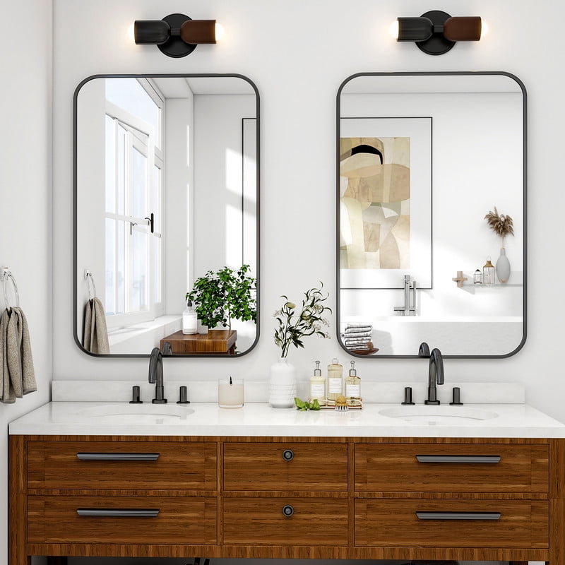 Easy4Home 36"x24" Rectangular Bathroom Mirror Hanging Rounded Corners Vanity Mirror Wall Mounted, Black