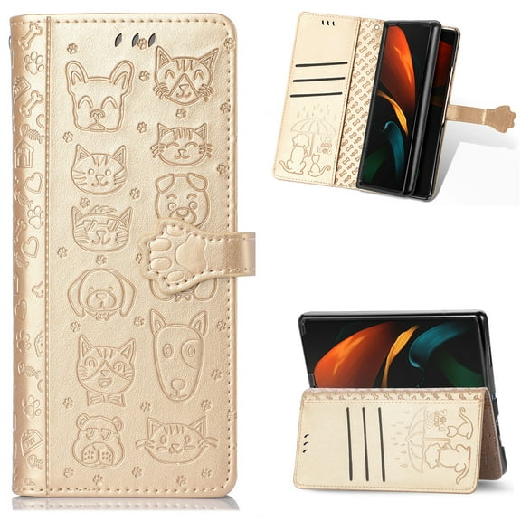 Allytech for Galaxy Z Fold 4 Case 2022, Embossed PU Leather and PC Anti-Shock Card Slots Holder Kickstand Case for Samsung Galaxy Z Fold 4 5G(2022), Gold