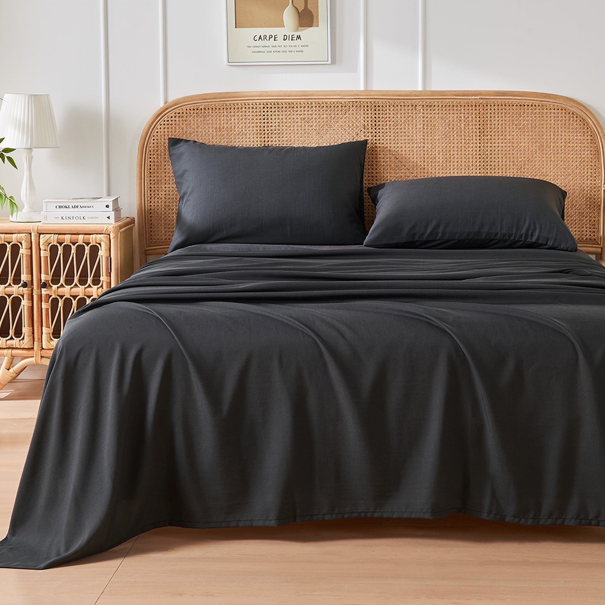 JELLYMONI 4 Pieces Cooling Full Sheets Set, Microfiber & Bamboo Sheet Set, Breathable & Wrinkle Free 16" Deep Pockets Bedding Sheets & Pillowcases,Black