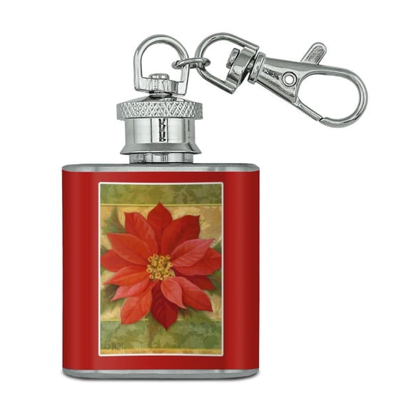 Christmas Holiday Poinsettia Flower Crown Stainless Steel 1oz Mini Flask Key Chain