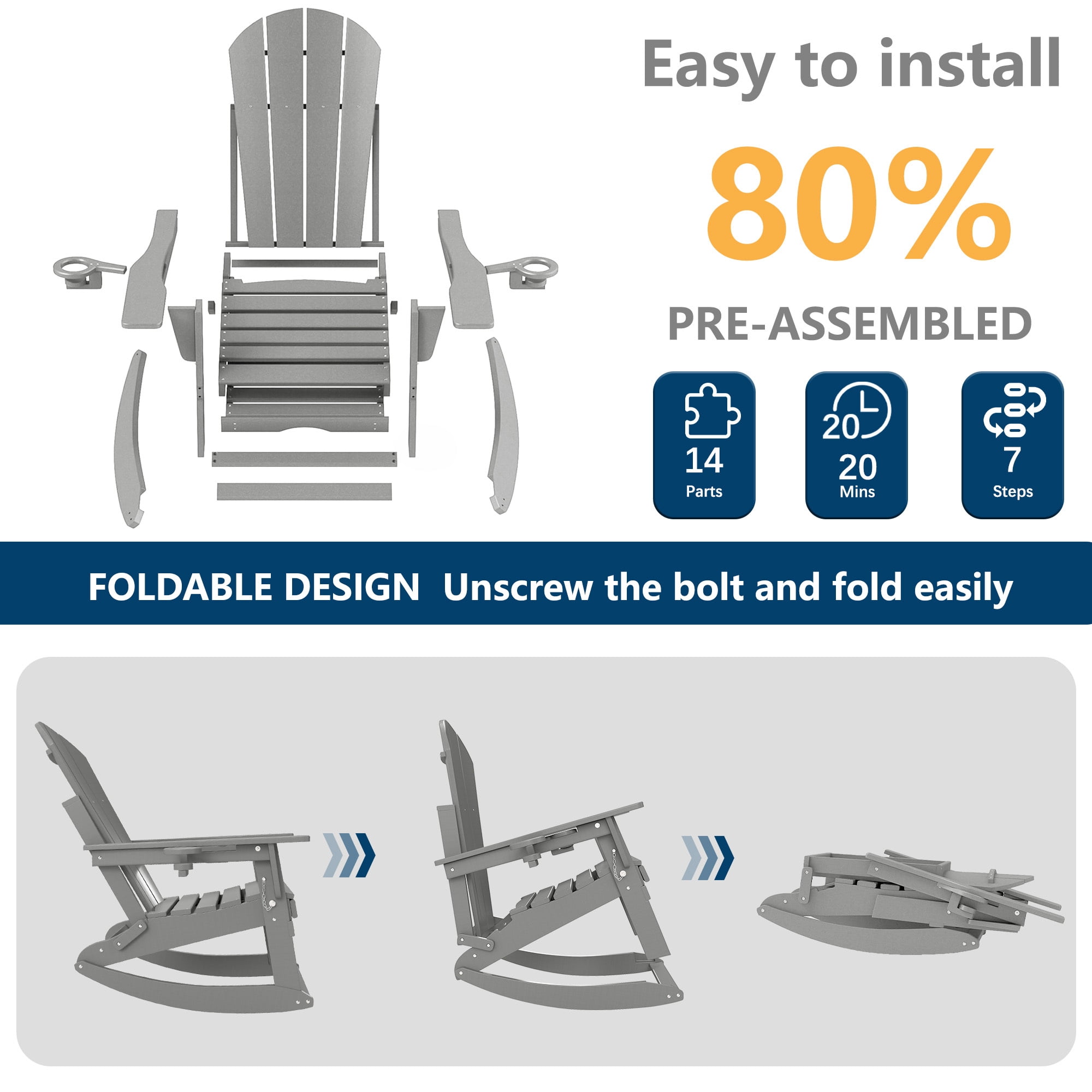 FOOWIN HDPE Plastic Rocking Adirondack Chair, Folding Rocking Chairs for Patio Porch Rocker Chair, Light Gray