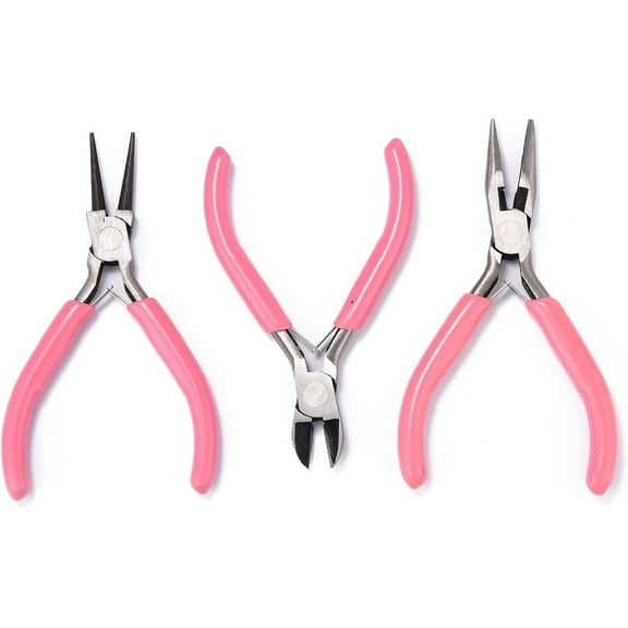 1 Set Steel Jewelry Pliers Set with Plastic Handles Including Wire Round Nose Plier Cutter Plier and Side Cutting Plier Pink Jewelry Pliers for Beading Jewelry Making Pink