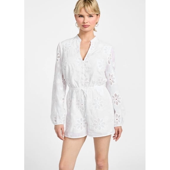 Guess Women's White Hazel Embroidered Long-Sleeve Romper, X-Small