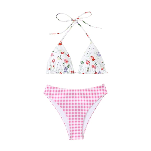 YIFUNIN Women's Sexy V Neck Floral Print Bikini Set Two Piece Swimsuit with Checkered Hollow Out Design for Women Summer Tropical,Light pink L