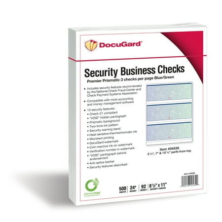 Docugard Premier Prismatic Business Checks, 3 Checks Per Page, Blue and Green, 24 Pound, 8.5 x 11 Inches, 500 Sheets per Ream (Best Place To Order Business Checks)