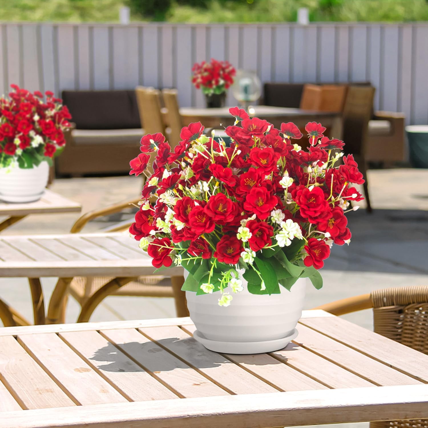 10 Bundle Artificial Flowers, UV Resistant Faux Outdoor Flowers, Fake Plastic Flowers for Cemetery Decoration Home Kitchen Bedroom Wedding Party Decor (Red)