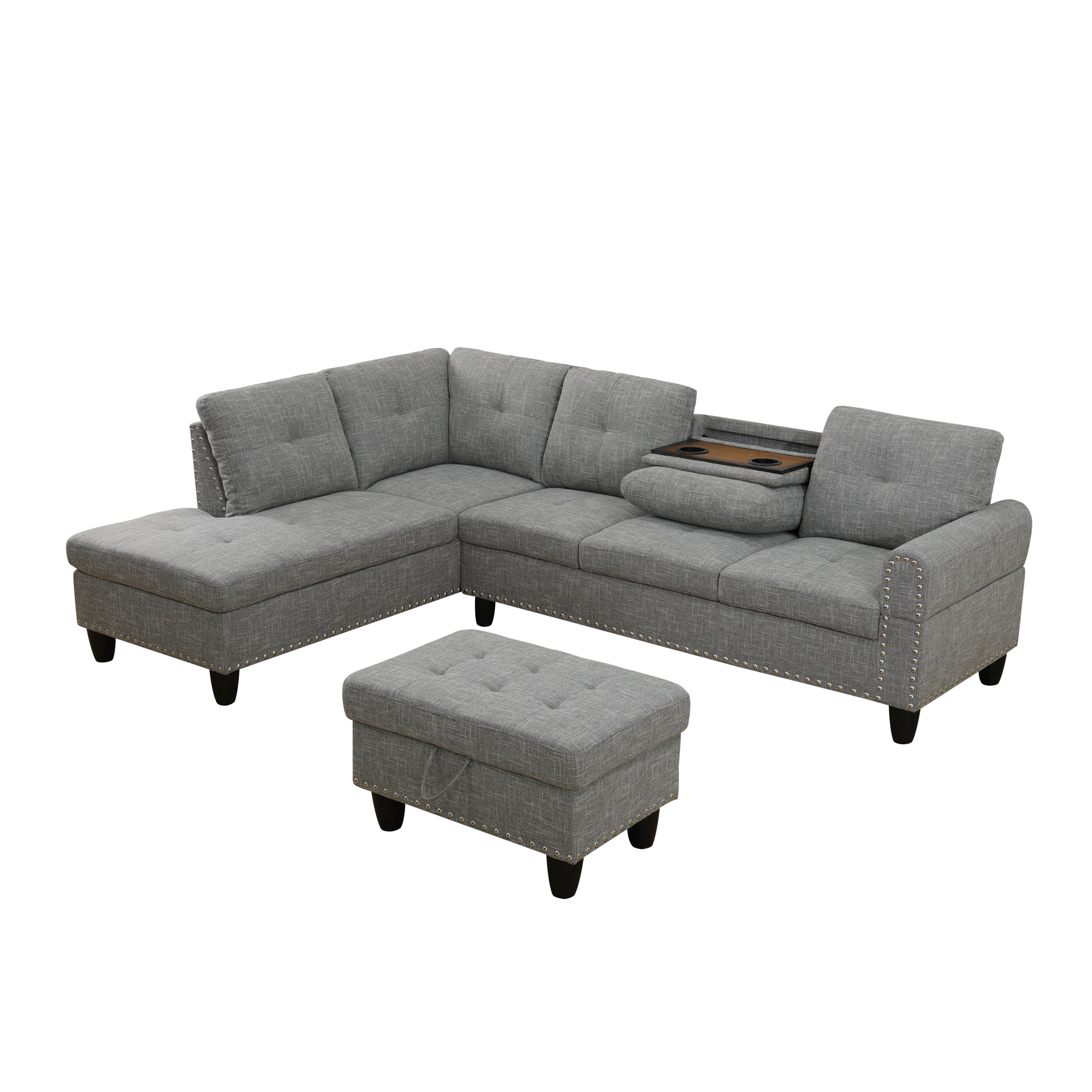 MAYEERTY 97.5" Linen Sectional Sofa, 3-Piece Modular Couch Sofa Set with Ottoman, Grey (Left)