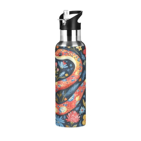 

600/1000ML Stainless Steel Sport Water Bottle with Straw Lid Leak Proof Vacuum Insulated Mug for Outdoor Activities Cycling Running & Walking Snake and Flowers
