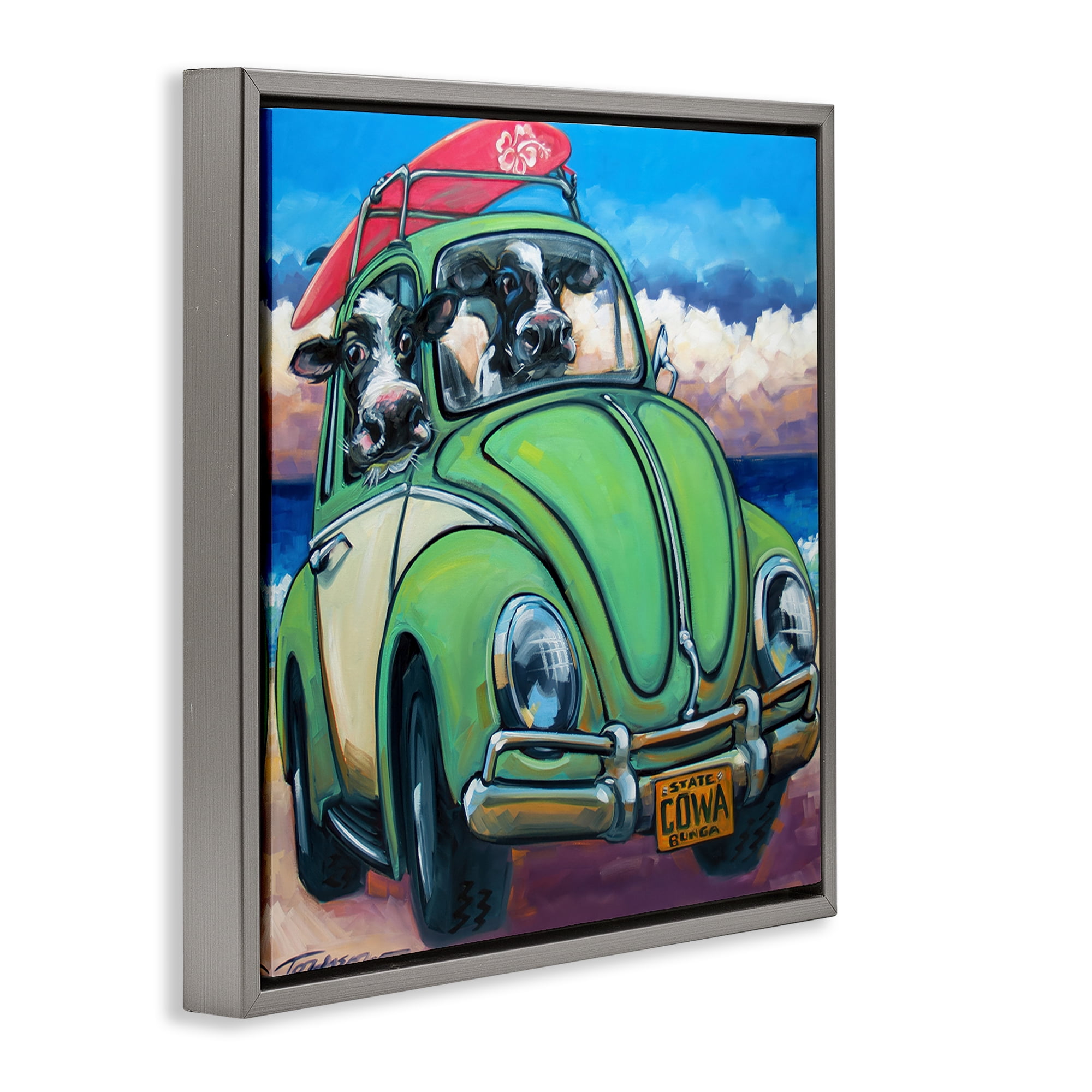 Stupell Industries Cowabunga Surfer Cows Gray Framed Floater Canvas Wall Art, design by CR Townsend