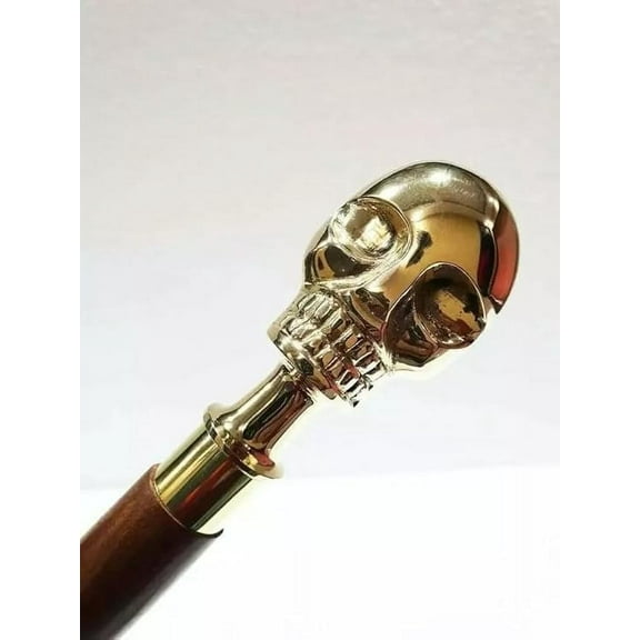 NAUTICALMARTUS BY Brass Nautical Human Skull Head Handle Antique Style Wooden Walking Stick Cane Gift