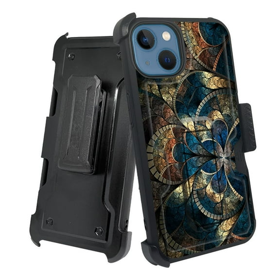 ANJ  Rugged Shockproof Holster Case w/Card Slot, Kickstand   Tempered Glass for iPhone 13 (6.1") - Abstract Tiles