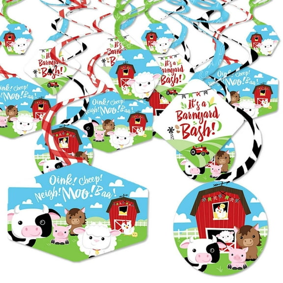 Big Dot of Happiness Farm Animals - Barnyard Baby Shower or Birthday Party Hanging Decor - Party Decoration Swirls - Set of 40