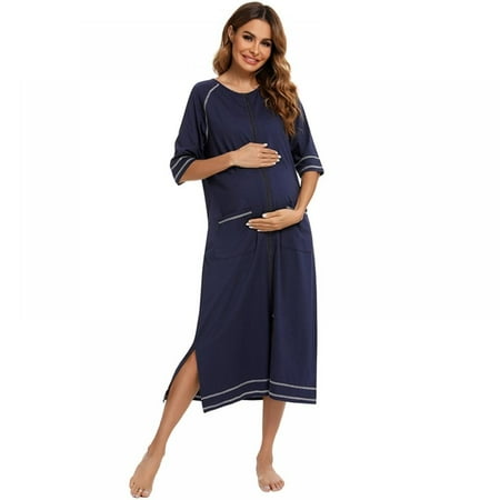 

Women s Pajamas Round Neck Nightgown Short-sleeved Zipper Pajamas Large Size Casual Nightdress S-XXL
