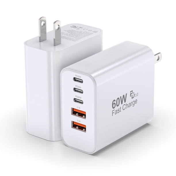 Cargador TZBAY USB C Block 60 W, enchufe de pared de 5 puertos tipo C