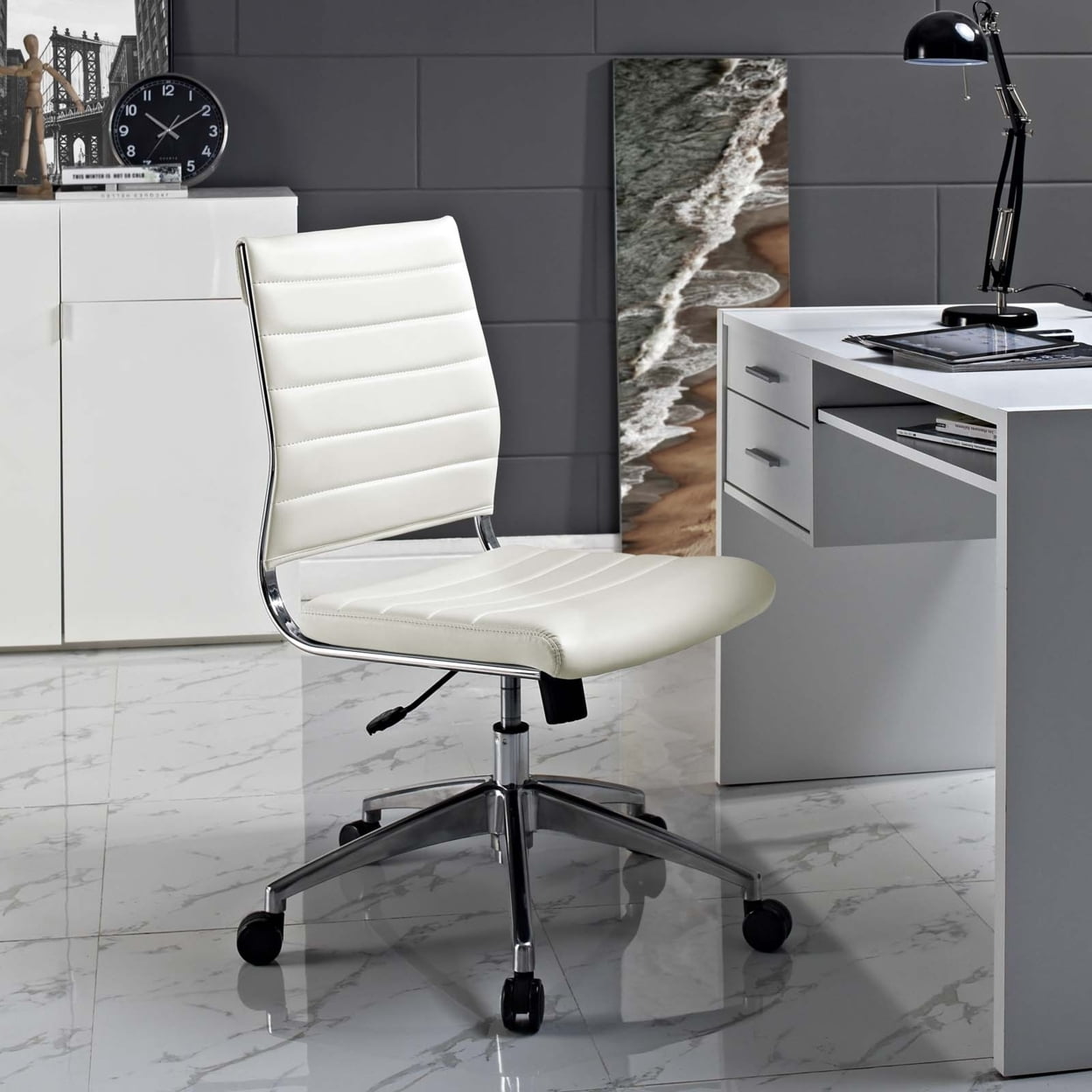 Modway Jive Modern Vinyl Armless Mid Back Office Chair in White