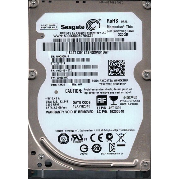 ST320LT014 P/N: 9YK142-072 F/W: 0005LVM7 WU W0Q Seagate 320GB