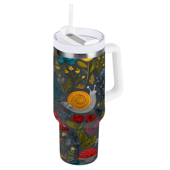 Stainless Steel Tumbler with Straw and Handle, Double Wall Insulated Tumblers, Cute Snails and Mushrooms