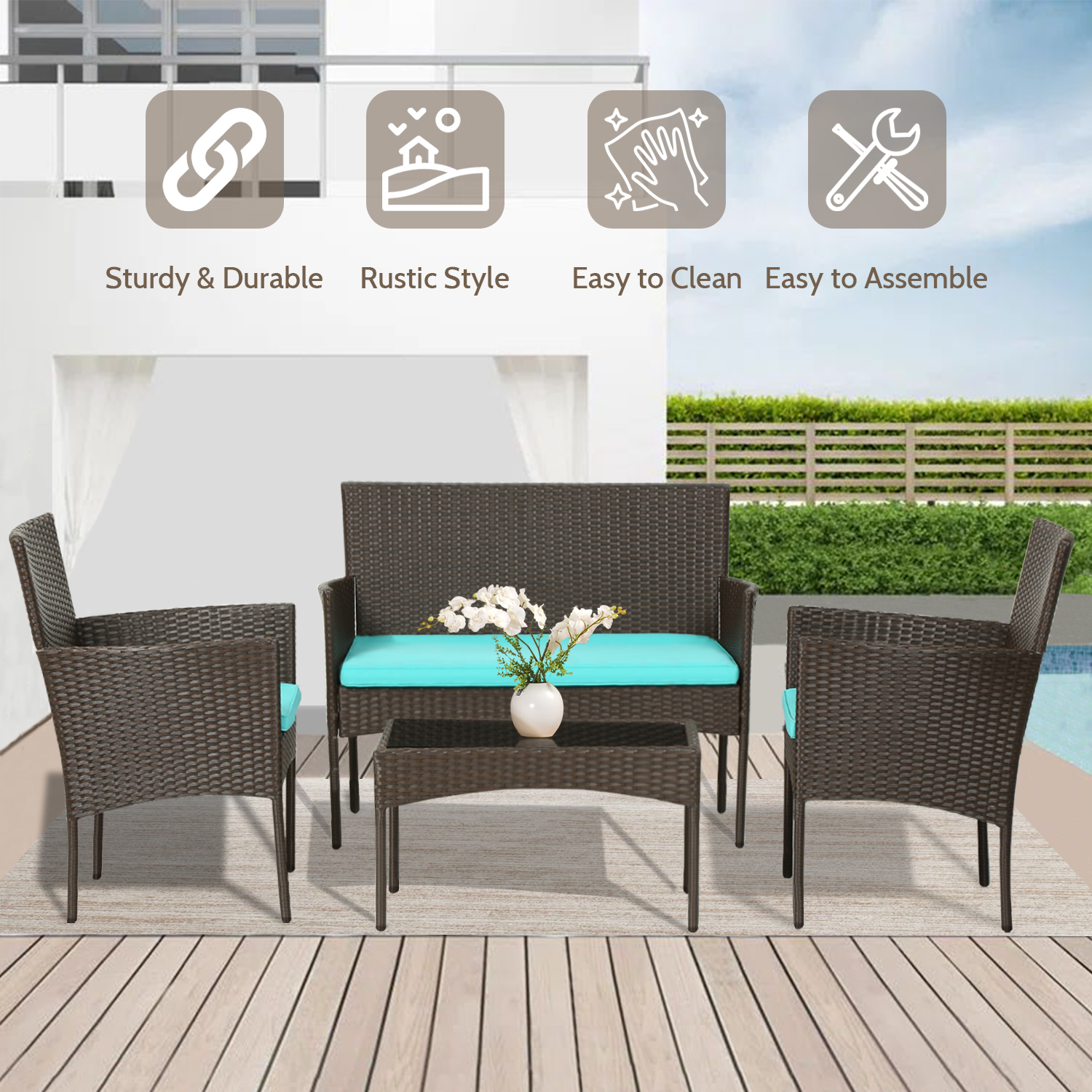 4 Pieces Patio Furniture Set Wicker Patio Conversation Set with Rattan Chair Loveseats Coffee Table for Outdoor Indoor Garden Backyard Porch Poolside Balcony,Brown Wicker/Blue Cushions - image 4 of 7