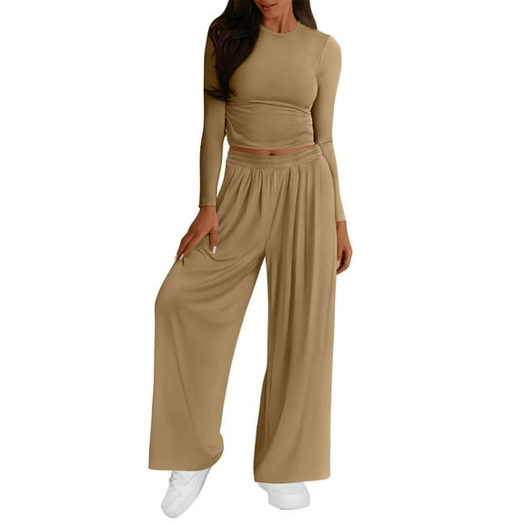 Timegard 2 Piece Sets for Women Going out Long Sleeve Slim Crop Top Wide Leg Pants Casual Ribbed Outfits