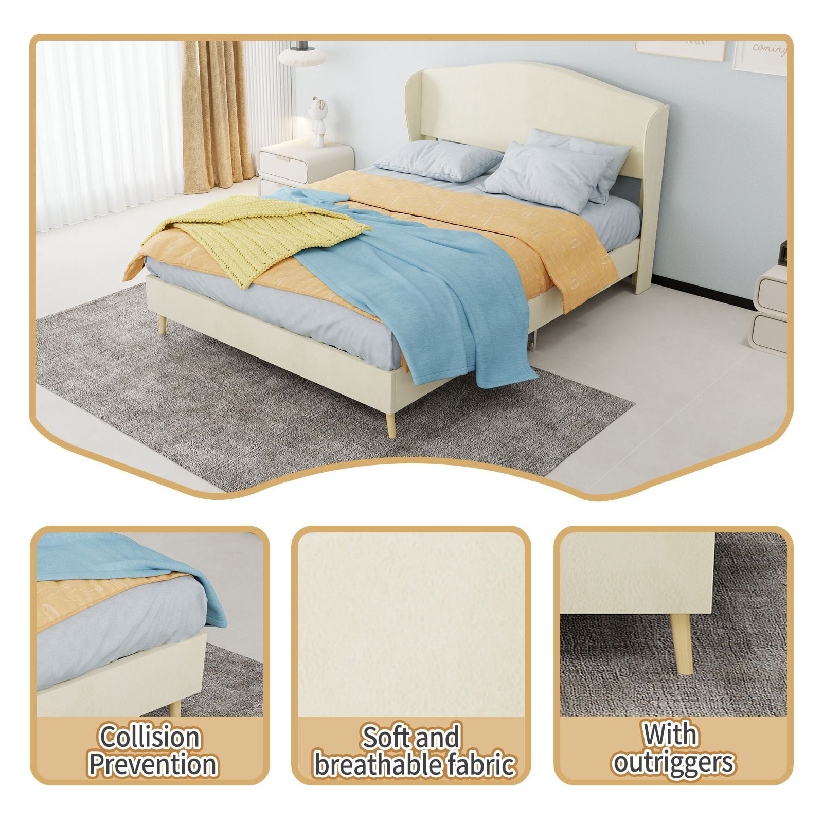 Alvantor Full Size Upholstered Bed Frame with Padded Headboard, Holland Velvet Tufted Noise-Free & Durable Beige