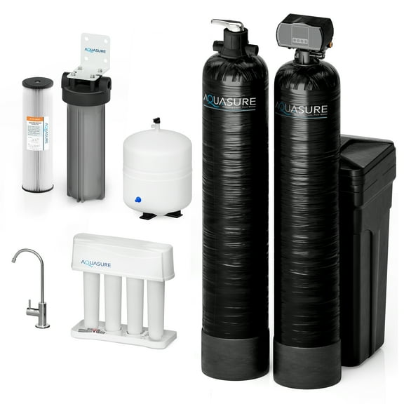 Aquasure Signature Elite 48,000 Grains Whole House Water Treatment System with Fine Mesh Resin & 75 GPD RO Filtration for 3-4 bathrooms (AS-SE1000FM)