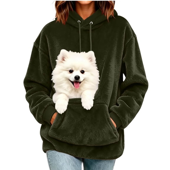 Women's Fuzzy Fleece Pullover Hoodie, Pet Pouch Carrier Sweatshirt for Small Cats Dogs with Side Pockets Green-a M