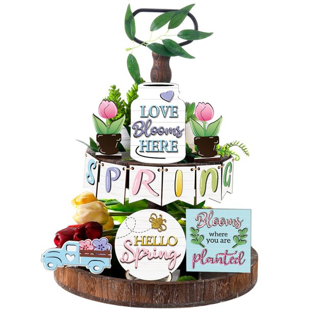 Little Decorations for Shelves Long Metal Tray Spring Farmhouse Tiered