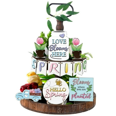 

BNisBM Spring Farmhouse Tiered Tray Decor Set Wooden Tiered Tray Decor Items Mini Rustic Farm Decorations Tabletop Jar Truck Tulips Flower Hot-Selling Model
