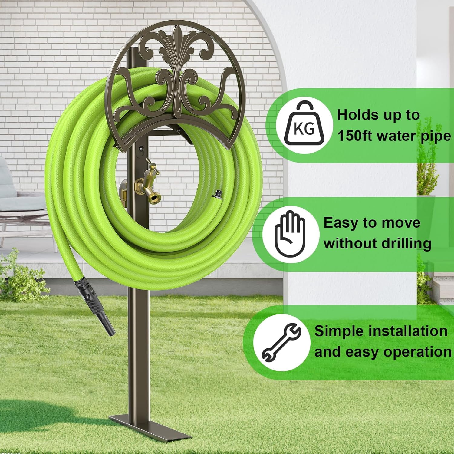 Garden Hose Stand with Brass Faucet, Detachable Heavy Duty Water Hose Holder, Freestanding Metal Hose Reel Decorative Storage Hanger Holds 150-Feet Hose for Outside Patio Lawn Yard