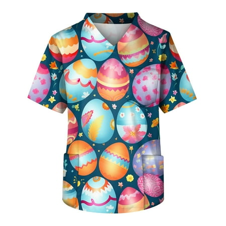 Yu Cheng Men s Short Sleeve V-Neck Easter Egg Print Chest Pocket Care Top Men s Scrubs Tunic Tops Work Shirts for Men Navy L