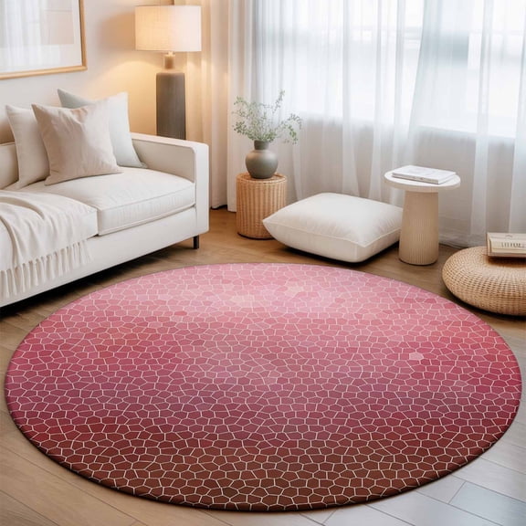 Terracotta Pink Mosaic Round Living Room Rugs 7 ft, Minimalist Abstract Hexagonal Grid Gradient Washable Area Rug with Non-Slip Sturdy Edge Binding Round Carpet for Kitchen Office Bedroom